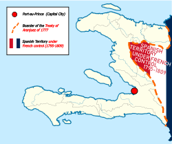 Territory of the Empire of Haiti (1804–1806), located on the western portion of the island of Hispaniola. To the East, on the other side of the border, is the Spanish Colony of Santo Domingo, under French control (1795–1809). The border that divides the island on the map is the border of the Treaty of Aranjuez of 1777.