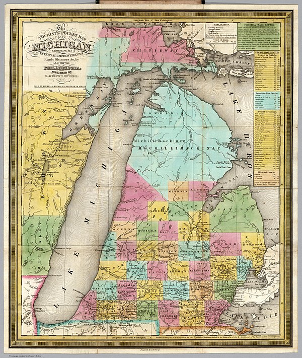 An 1835 Map Of Michigan shows the County of Michilimackinac encompassing the Upper Peninsula and the entirety of Northern Michigan, as well as the "Township of Michilimackinac".