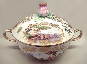 Vincennes soft porcelain with rocaille design and a Chinese scene (1749–1750)