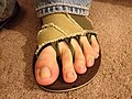 Yoga sandals have thongs that pass between all of the toes.