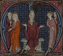A bishop sitting on a throne with a crowned man on his left side; a crowned woman is taken away from the room.