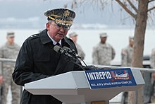 Army Maj. Gen. William D. Razz Waff, Commanding General of 99th Regional Support Command, U.S. Army Reserve, addresses guests, during the Pearl Harbor Day ceremony on the Intrepid Sea, Air and Space 121207-A-BW524-117