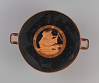 A red-figure kylix with a depiction of the suicide of Ajax, attributed to the Brygos Painter, ca. 490-480 BCE. Currently in the Getty Museum collection.