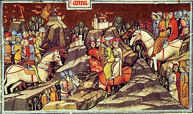 Chronicon Pictum, Hungary, white horse, arrival, castle, medieval, chronicle, book, illumination, illustration, history