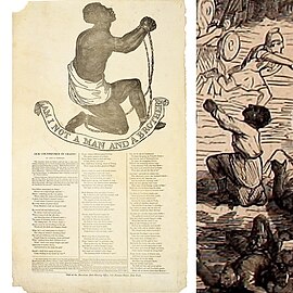 Mirroring a famous abolitionist image that was usually captioned "Am I not a man and a brother?", a New Orleans freedman begs for his life.[c]