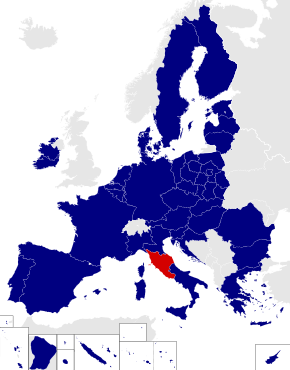 Map of the European Parliament constituencies with Central Italy highlighted in red