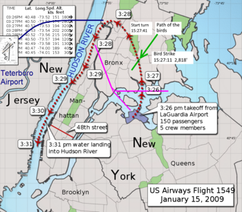 The aircraft headed approximately north after takeoff, then wheeled anti-clockwise to follow the Hudson southwards.