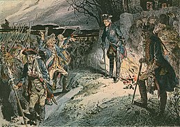 Painting of Frederick the Great standing by a campfire surrounded by wounded soldiers after the Battle of Hochkirch