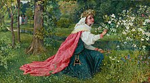 Matilda collecting flowers in a painting by George Dunlop Leslie. Dante, Virgil, and Statius can be seen in the background.