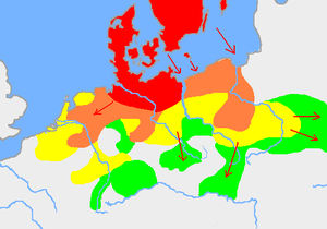 Germanic tribes in Europe in AD 1:   Settlements before 750 BC   New settlements after 750 BC until 1 AD   New settlements until 100 AD   New settlements after 100 AD