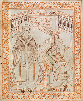 Two tonsured men, one with a dove on his shoulders and the other writing a codex