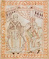 Gregor der Große diktiert seinem Notarius Petrus Diaconus den gregorianischen Gesang, der ihm vom Heiligen Geist (in Gestalt einer Taube) eingegeben wird. Auf der Wachstafel sind Neumen zu erkennen. ca. 1000 n. Chr.[1]