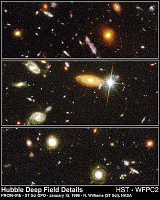 Details from the Hubble Deep Field illustrate the wide variety of galaxy shapes, sizes and colours found in the distant universe.