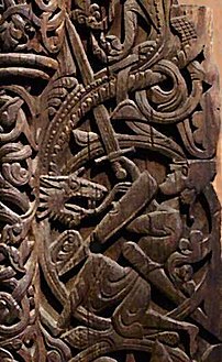 Sigurd slaying Fafnir, depicted on the right portal plank from Hylestad Stave Church, from the second half of the 12th century.