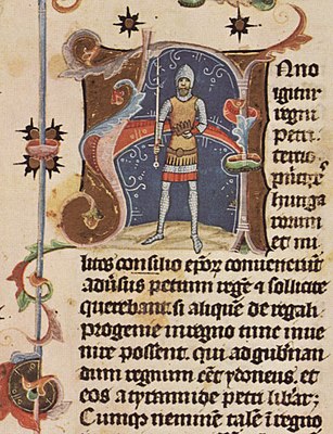 Chronicon Pictum, Hungarian, Hungary, King Samuel Aba, sword, armor, crown, medieval, chronicle, book, illumination, illustration, history