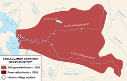 A map of the Stillaguamish reservation overlaid the traditional territory of the Stillaguamish