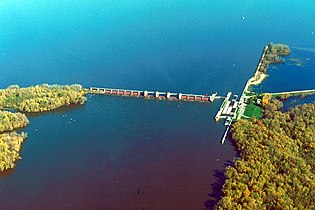 Aerial view of Lock and Dam No. 13, located on the Mississippi River, Clinton, Iowa.