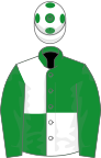 Green and white quartered, green sleeves, white cap, green spots