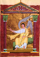 Folio 117r of the Pericopes of Henry II, Reichenau, c. 1002 - 1012: the Angel on the Tomb