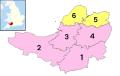 Image 4The ceremonial county immediately prior to the 2023 local government restructuring, with South Somerset (1), Somerset West and Taunton (2), Sedgemoor (3) and Mendip (4) as non-metropolitan districts (shown in pink), and just Bath and North East Somerset (5), and North Somerset (6) as unitary authorities (shown in yellow). (from Somerset)