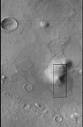CTX image of the next image showing a wide view of the area. Since the hill is isolated it would be difficult for an aquifer to develop. Rectangle shows the approximate location of the next image.