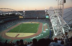 Interior view of Stadium Australia during a sporting event.
