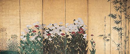 Screen of Wheat, Poppies, and Bamboo by Kanō Shigenobu