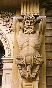 Second Empire style Atlantid at the Wayne County Courthouse, Wooster, Ohio, United States. Unknown sculptor, architect Thomas Boyd, circa 1887-89.