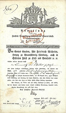 4 % Anleihe des Herzogs zu Braunschweig-Lüneburg Friedrich Wilhelm über 25 Taler, ausgegeben in Braunschweig am 20. Juli 1814, einlösbar bei der Fürstlich Braunschweig-Lüneburgischen General-Kasse, aufgenommen für die Finanzierung des Befreiungskrieges gegen Napoleon