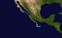 A track map of a hurricane near the western coast of Mexico. It starts moving slowly westward before turning north; it then accelerates northwestward along a relatively straight path before curving to the west-southwest at the end of its life.