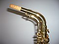 Close-up view of neck with underslung octave key mechanism (no microtuner) on a Conn 6M "Lady Face" alto saxophone
