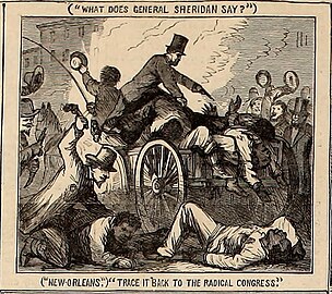 Detail of Andy's Trip, depicting the massacre and verbal exchanges between the president and the crowds during Johnson's Swing Around the Circle tour (Harper's Weekly, October 22 1866)