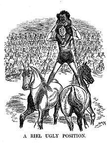 A drawing of Macdonald standing on two horses facing opposite directions. Louis Riel is sitting on his shoulders. The caption says, "A Riel Ugly Position". A crowd is in the background.