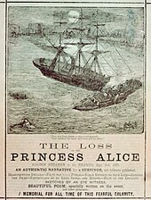 Pamphlet showing Princess Alice being rammed by Bywell Castle; some people are seen in the water. The pamphlet is titled "The Loss of the Princess Alice"
