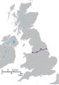 The M62 motorway in relation to the rest of the United Kingdom.