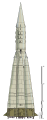 Schematische Dar­stellung der Sputnik-Rakete R-7 mit ke­gelförmigen Raketen