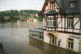 Schillergarten mit Blick auf Loschwitz, Elbhochwasser August 2002
