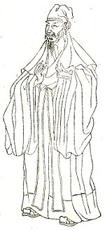 A line drawing of an older man with a thinning beard in thick robes and a soft, floppy cap.
