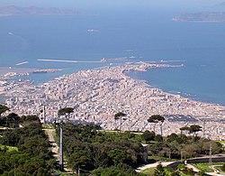 Trapani seen from Erice. The islands of Favignana (left) and Levanzo (right) can be seen in the background