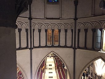 View of (and from) the circular triforium in the round church of the Temple Church in London. Built by the Knights Templar and consecrated in 1185.