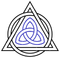 Triquetra in blue as part of an interlaced Celtic decorative symbol. (Later adopted by Christian iconography as representative of "the Trinity")