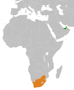 Map indicating locations of United Arab Emirates and South Africa