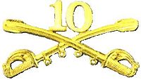 A computer generated reproduction of the insignia of the Union Army 10th Regiment cavalry branch. The insignia is displayed in gold and consists of two sheafed swords crossing over each other at a 45 degree angle pointing upwards with a Roman numeral 10
