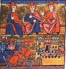 Illustration showing Emperor Conrad and Kings Louis and Baldwin at the Council of Acre