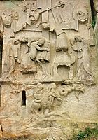 12th-century Externsteine relief, Germany, with the Descent from the Cross of Jesus