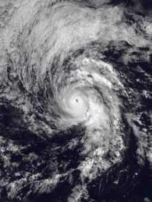 A satellite image of a well-organized hurricane over the Eastern Pacific Ocean, with spiral bands; a dense, white, round mass of clouds in the middle; and a clear eye at the center. A large mass of thinner clouds to the northwest of the hurricane curves in tandem with the hurricane's circulation.
