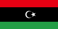 The flag of Libya, a charged horizontal triband.