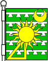 a gyron—Vert five barrulets dovetailed on the lower sides Argent, in dexter base a gyron voided of the field in sinister chief a crescent over all at centre point the sun in his splendour all Or.—Green, Scotland