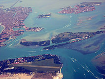 Part of the lagoon from the east. Vignole is in the centre, extending to the right. Venice is in the upper left.