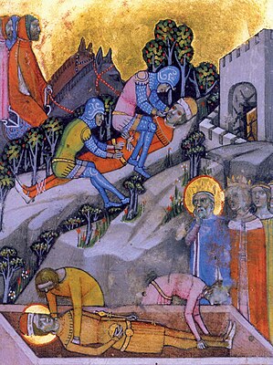 Chronicon Pictum, Hungarian, Hungary, King Saint Stephen, Prince Saint Emeric, Queen Gisela, funeral, Vazul, blinding, king, queen, crown, coffin, medieval, chronicle, book, illumination, illustration, history